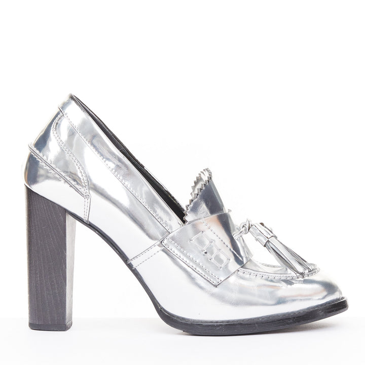 STELLA MCCARTNEY 2014 silver metallic kiltie tassel loafer block heel pumps EU37