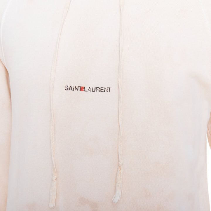 SAINT LAURENT 2018 cream washed tie ye distressed logo hoodie S