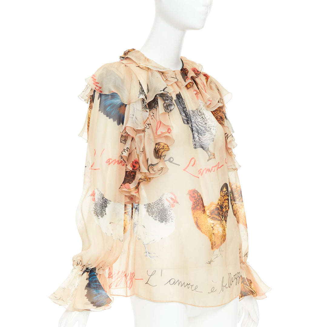 DOLCE GABBANA 100% silk beige chiken hen print sheer ruffled blouse IT38 XS