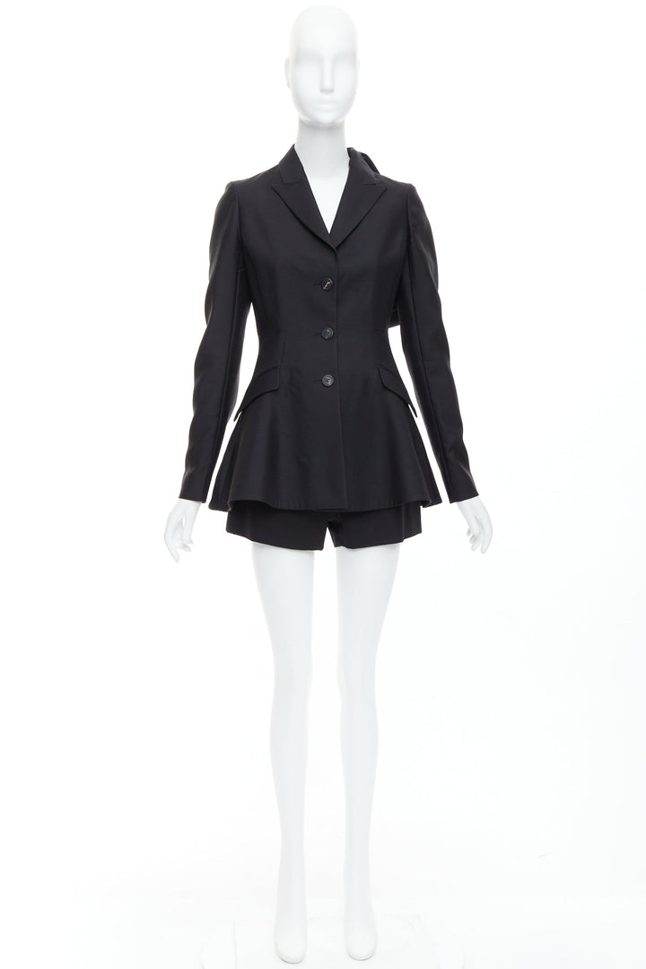 CHRISTIAN DIOR black virgin wool silk applique bar jacket shorts set FR38 M