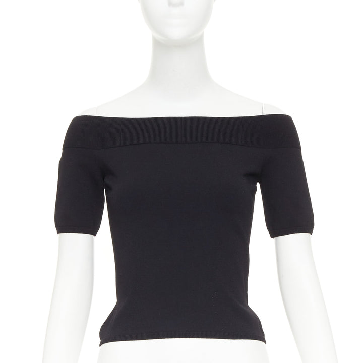 ALEXANDER MCQUEEN black off shoulder ribbed knit half sleeves cropped sweater
