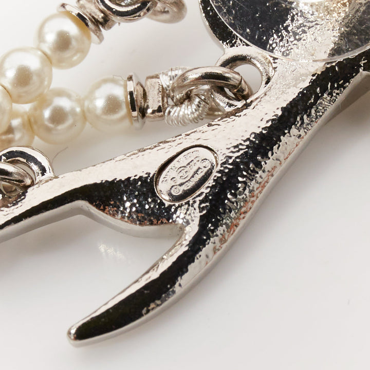 CHANEL C25S Swallow silver tone glass pearls rhinestones drop earrings Pair