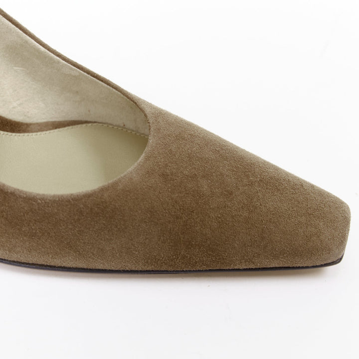 THE ROW Carla 80 dark taupe goatskin suede elongated square toes pumps EU38