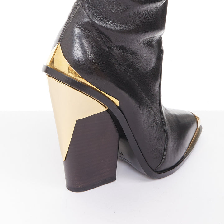 VERSACE 2014 Runway gold metal cap toe black leather thigh high boots EU37 US7