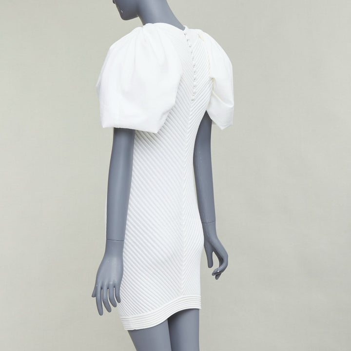 CHANEL 09P white cotton blend chevron puff sleeve CC buttons knit dress FR34 XS