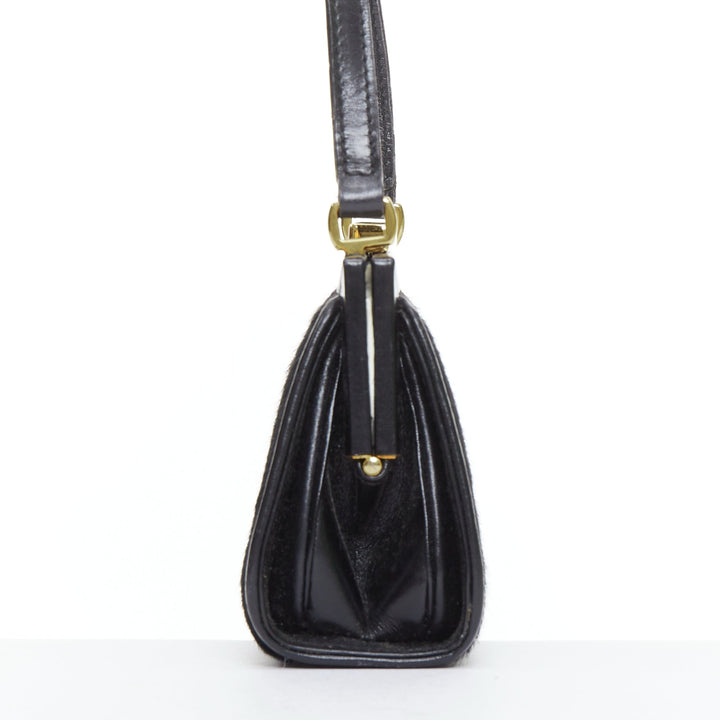 GUCCI Vintage Old Haroco black pony hair gold logo frame crossbody mini bag
