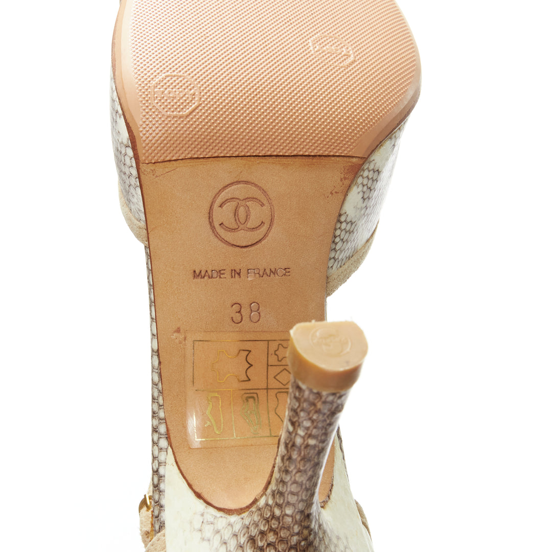 CHANEL CC mini logo scaled leather nude suede trim pointed T-strap pump EU38