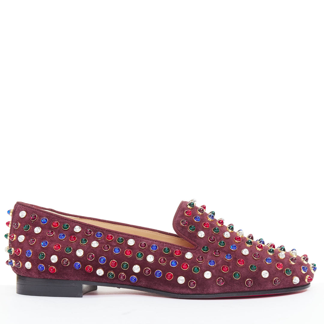 CHRISTIAN LOUBOUTIN burgundy suede jewel tone gripoix stone stud loafers EU36.5