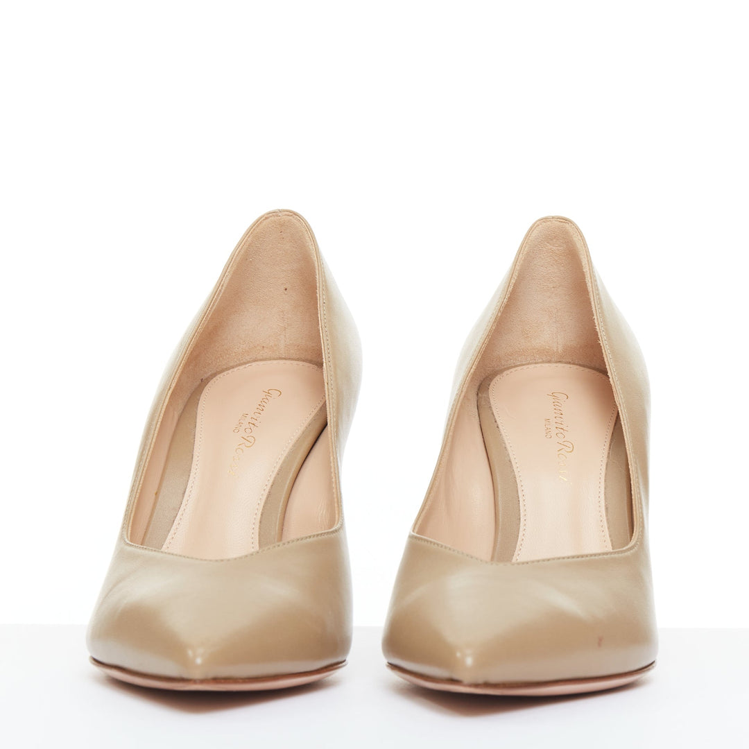 GIANVITO ROSSI dark beige leather V vamp point toe pumps EU37.5