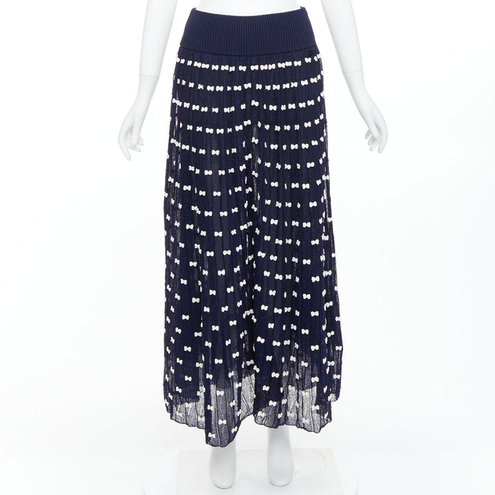 CHANEL 14P Runway navy cream bow applique ribbed waist tulle lined skirt FR36 S