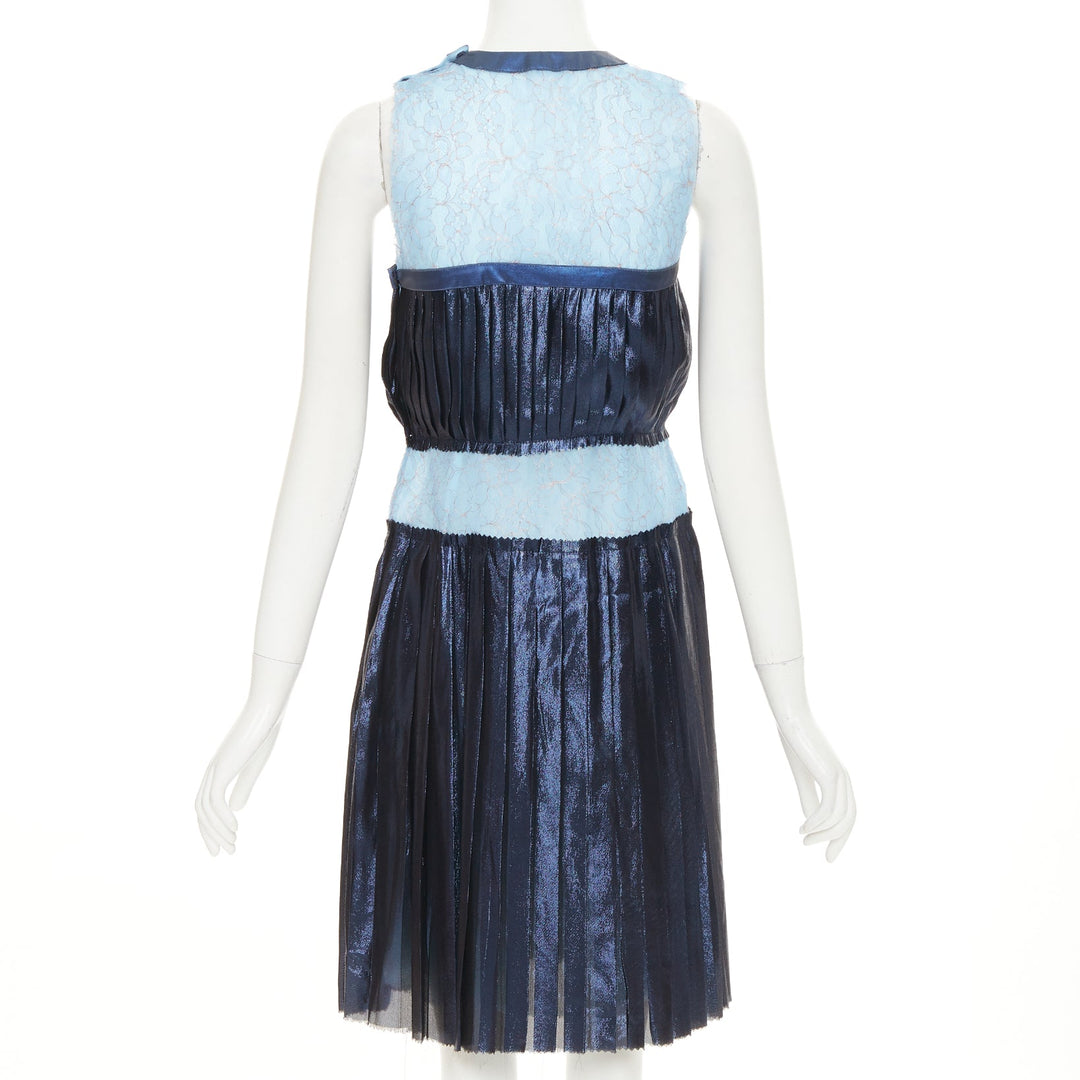RODARTE 2008 Runway metallic blue silk blend pleated knee dress US6 M