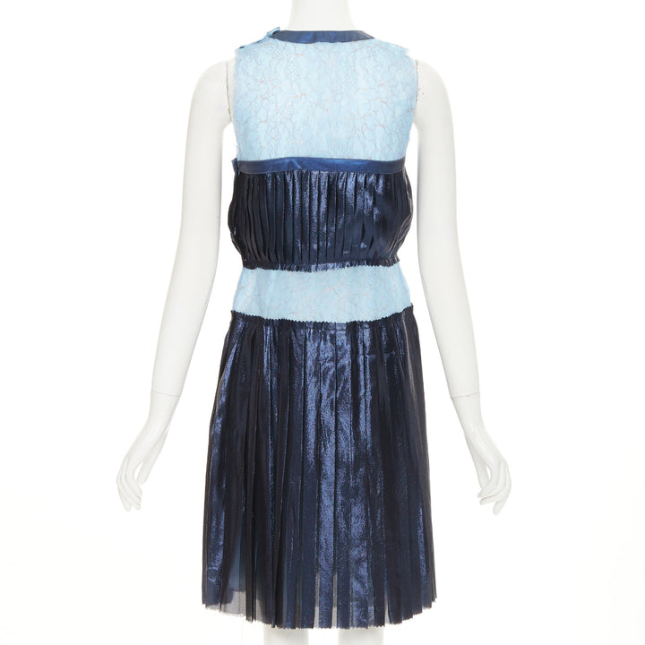 RODARTE 2008 Runway metallic blue silk blend pleated knee dress US6 M