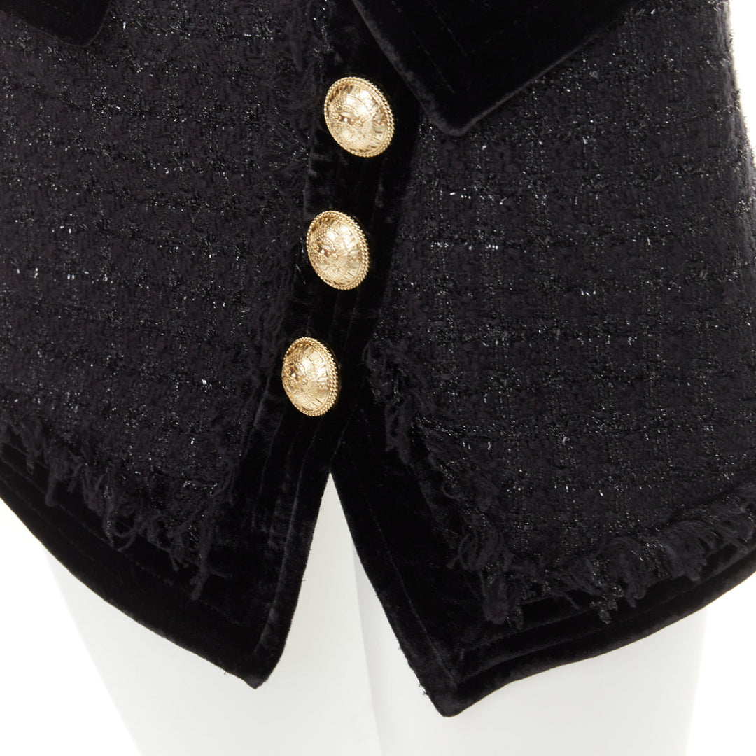 BALMAIN black cotton blend metallic tweed gold buttons foldover skirt FR34 XS