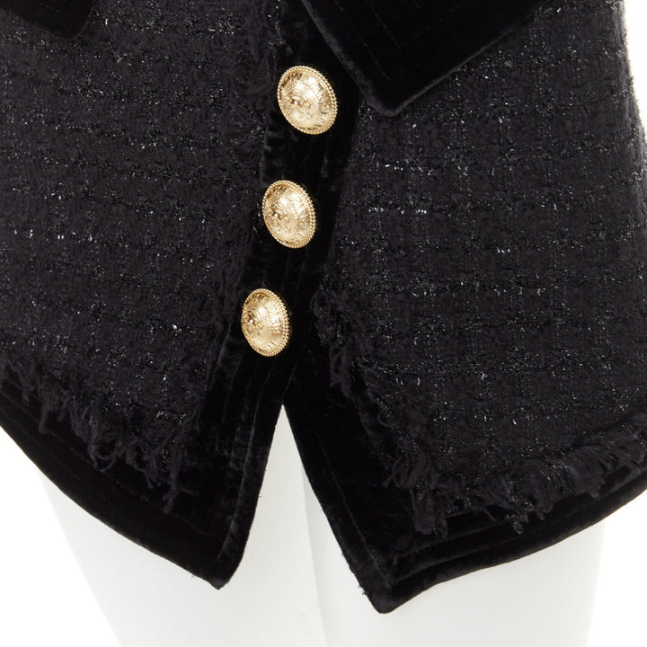 BALMAIN black cotton blend metallic tweed gold buttons foldover skirt FR34 XS