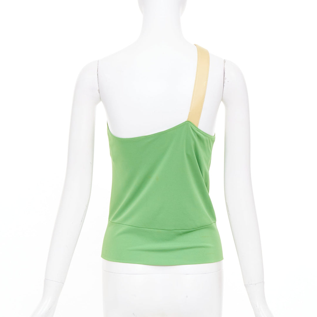 CELINE 2002 Runway horn ring green leather asymmetric shoulder halter top FR36 S