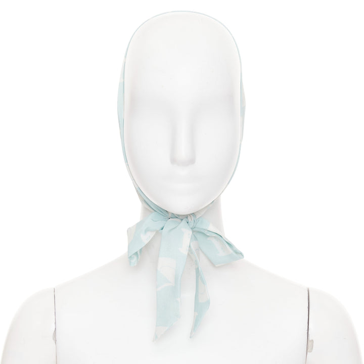 MIU MIU 2020 cartoon cat light blue white silk crepe long headband skinny scarf