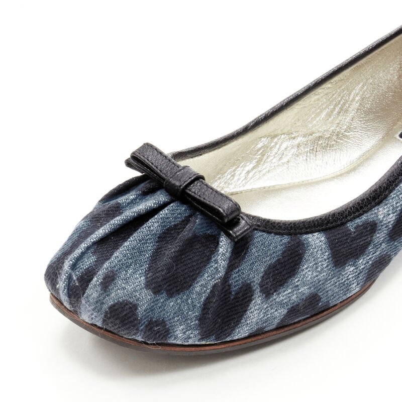 DOLCE GABBANA blue denim leopard leather bow ballerina flats EU36.5