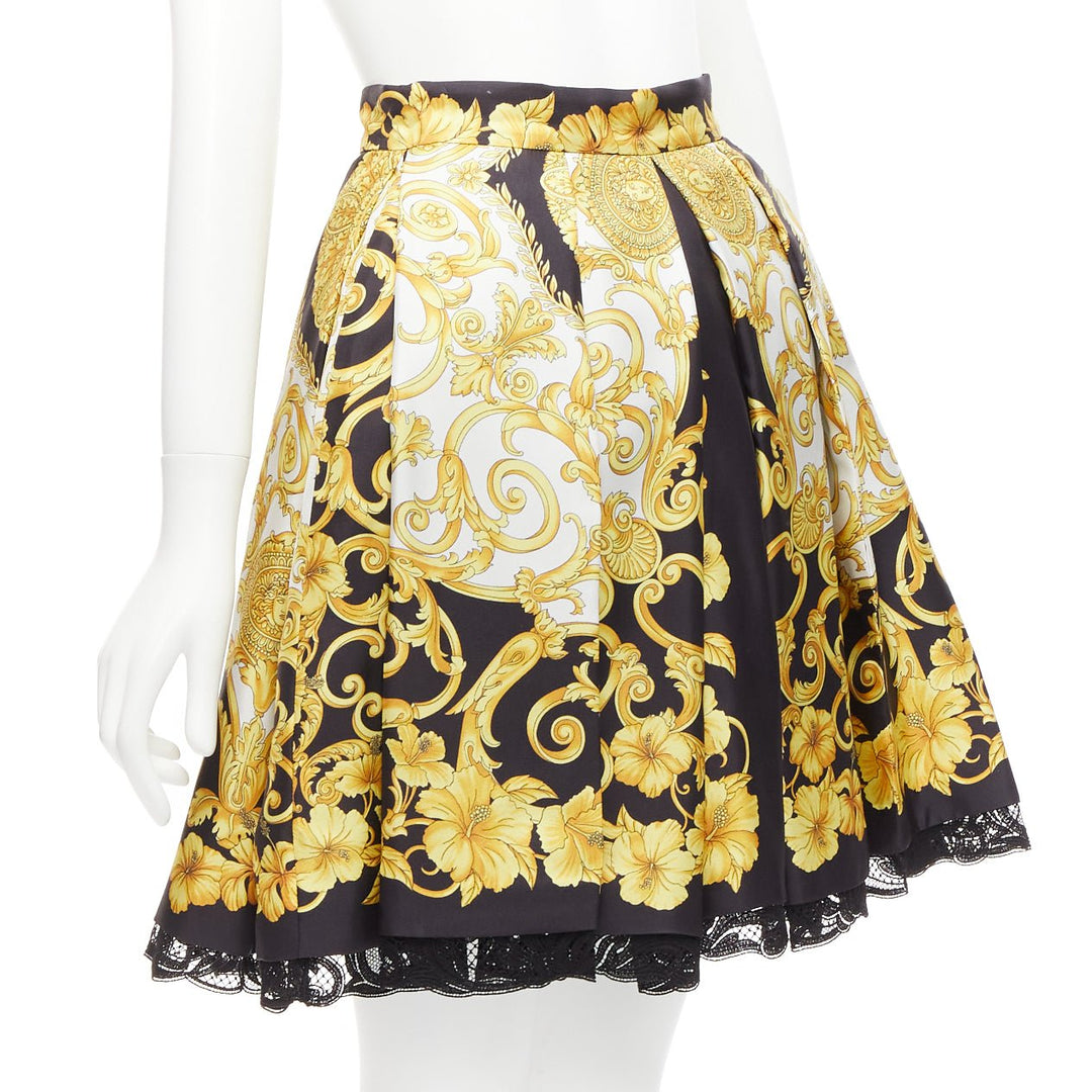 VERSACE 2018 100% silk Barocco Hibiscus print lace trimmed flared skirt IT36 XS