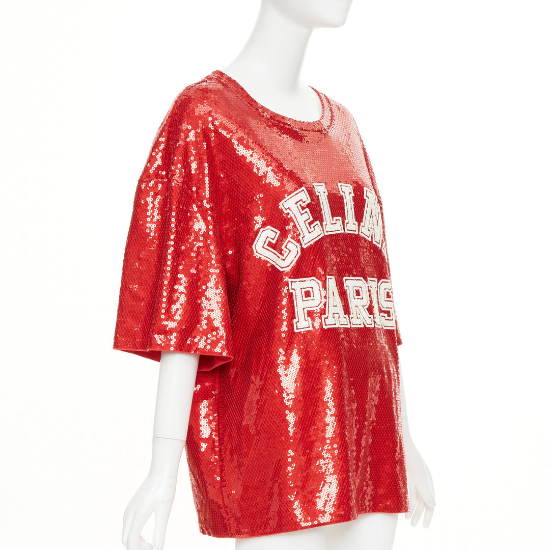 CELINE 2021 Runway red white sequin varsity logo oversized jersey tshirt S