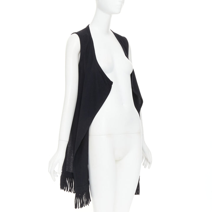 LIMI FEU black wool blend fringe hem open front draped long vest
