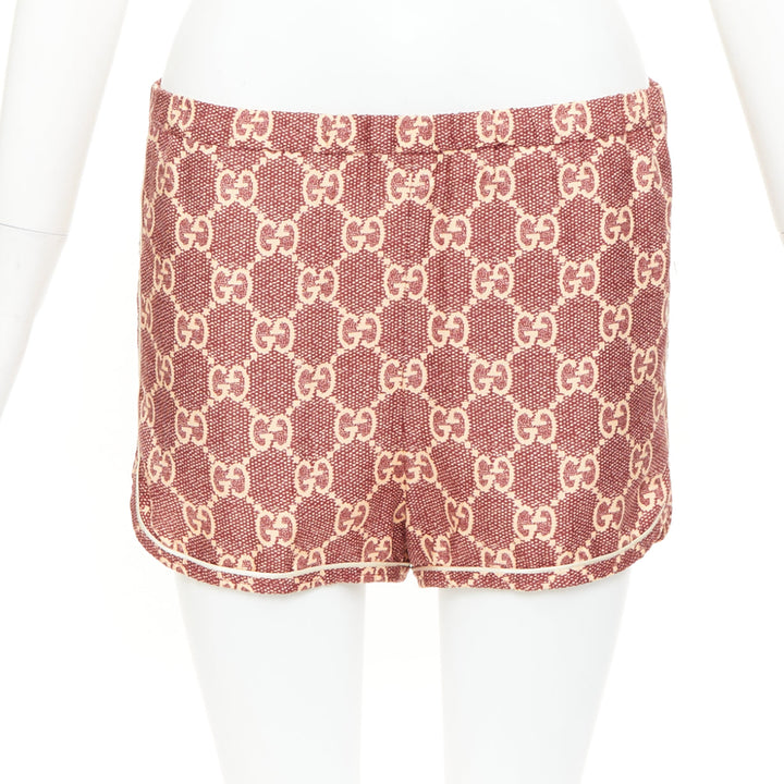 GUCCI red beige silk twill GG Supreme monogram satin trimmed pajama shorts XXS