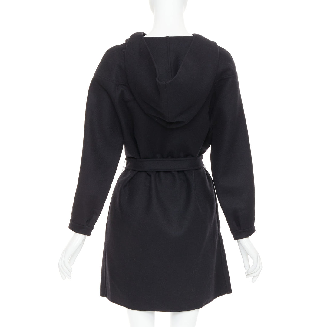 CHRISTIAN DIOR black wool angora cashgora hooded belted popover dress FR38 M