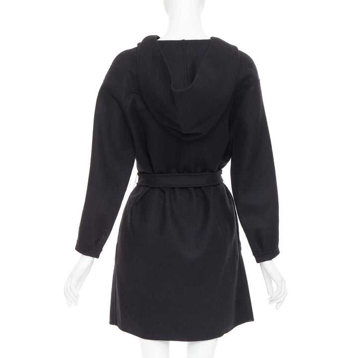 CHRISTIAN DIOR black wool angora cashgora hooded belted popover dress FR38 M