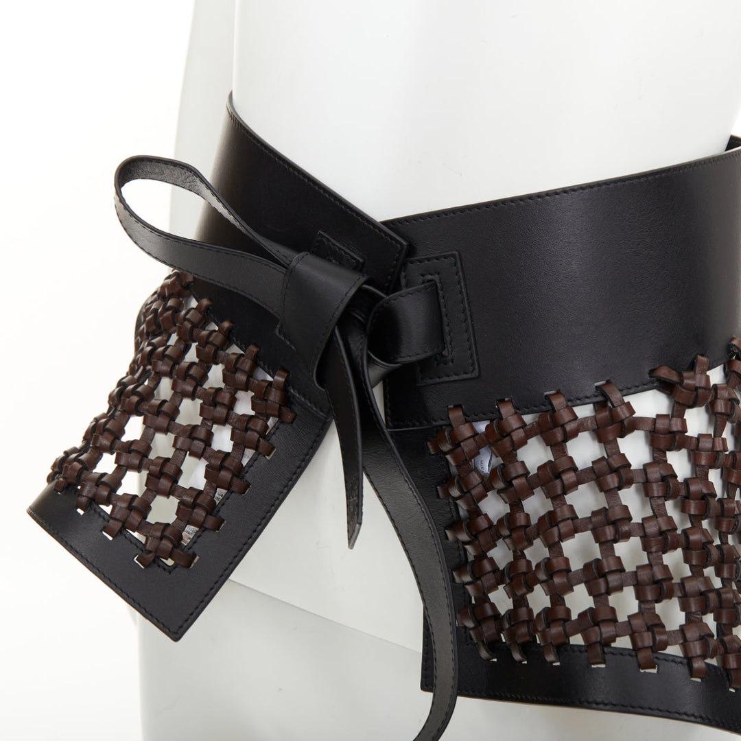 LOEWE JW Anderson black brown woven leather wide peplum Obi corset waist belt
