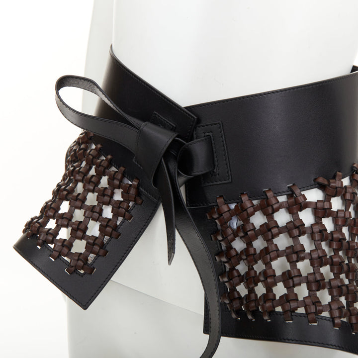 LOEWE JW Anderson black brown woven leather wide peplum Obi corset waist belt