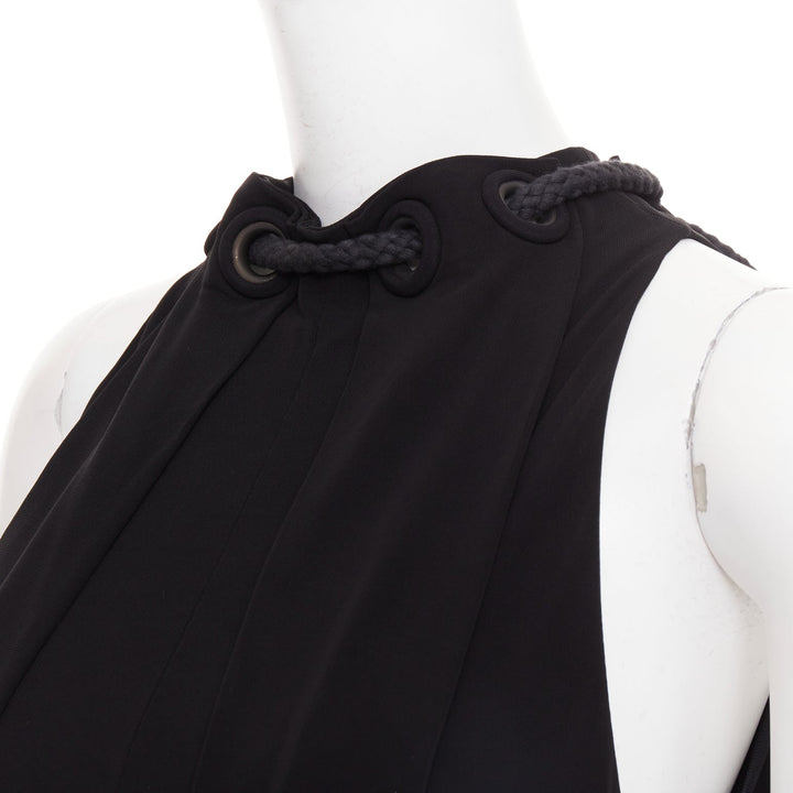 BALENCIAGA 2007 rope eyelet gathered neck black silk drop waist dress FR36 S