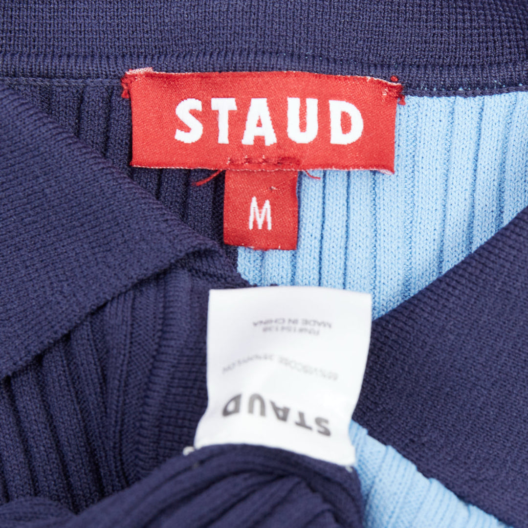 STAUD Brice blue bicolor ribbed side slits fitted polo top M