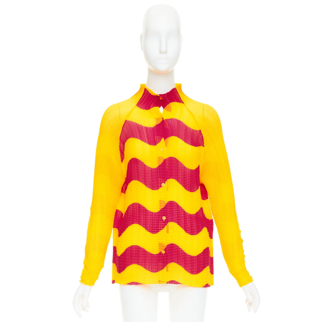 rare ISSEY MIYAKE Pleats Please graphic yellow red wave plisse hi neck top JP2 M