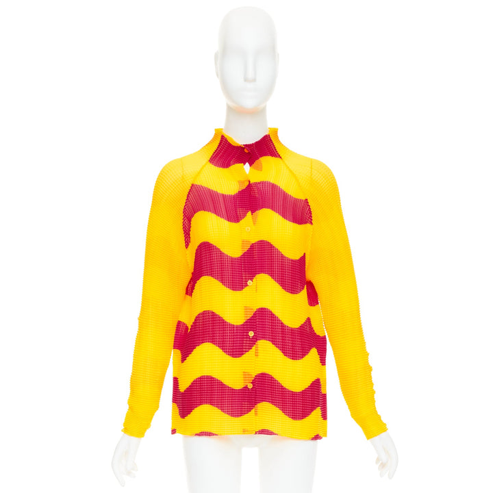 rare ISSEY MIYAKE Pleats Please graphic yellow red wave plisse hi neck top JP2 M