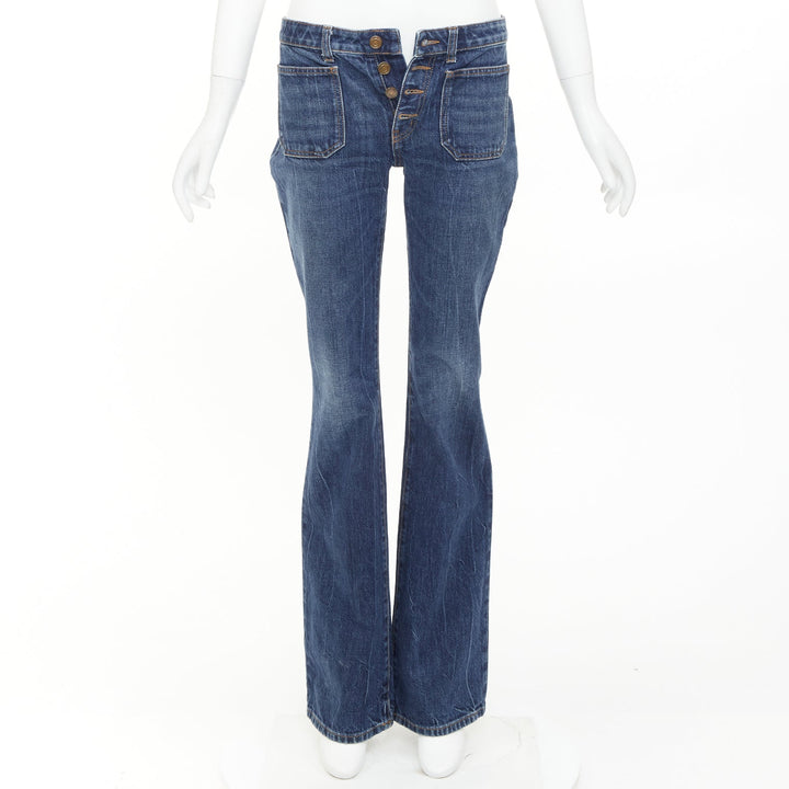 SAINT LAURENT 2018 blue washed denim patch pocket mid waist flare leg jeans 27"