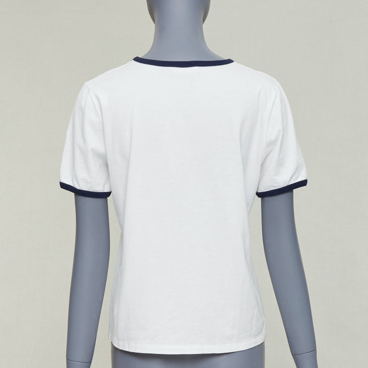 CELINE Triomphe cream navy cotton logo print crew neck ringer tshirt M