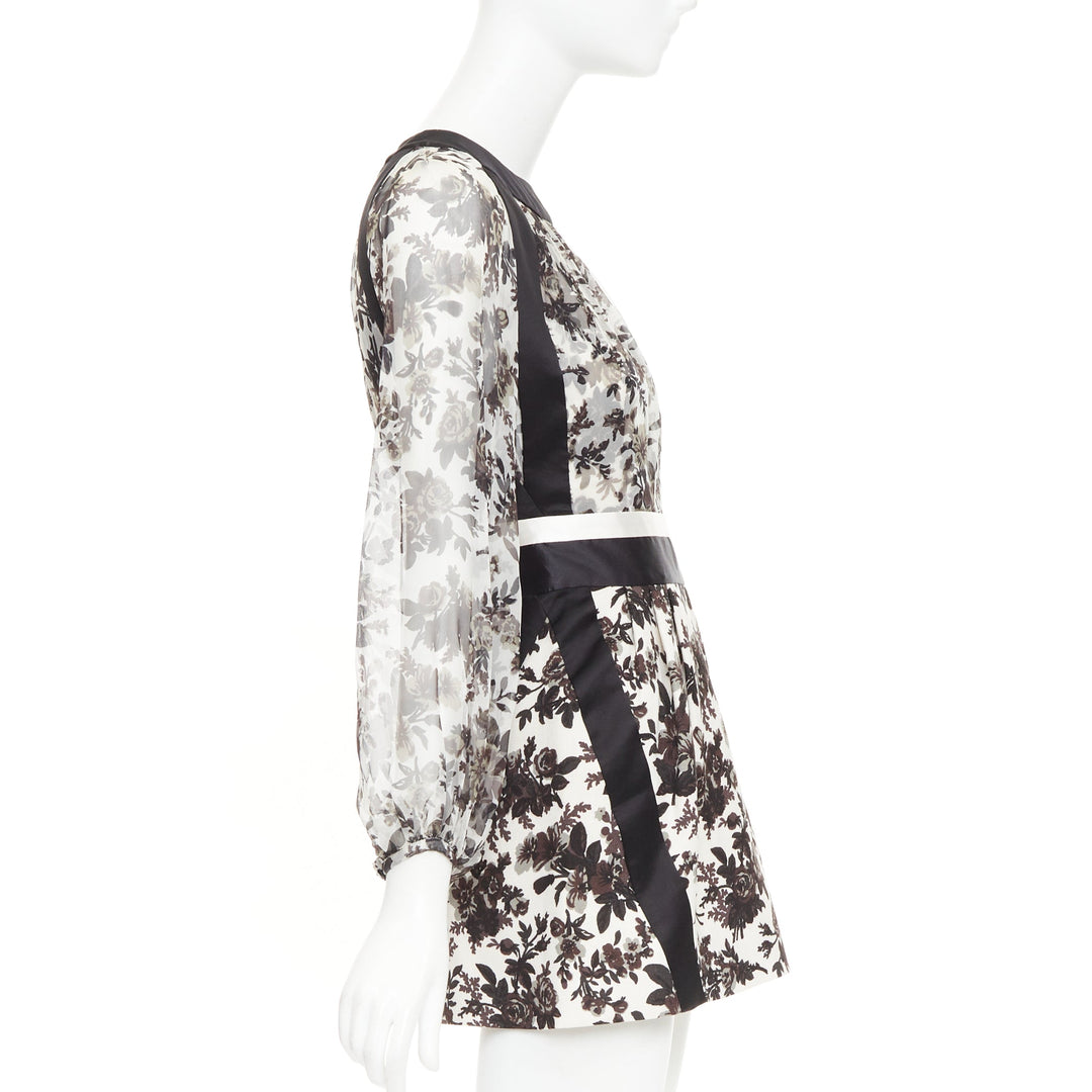 BALENCIAGA 2007 black off white silk chifon floral panel satin mini dress FR36 S