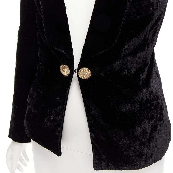 BALMAIN black velvet gold eagle buttons shoulder pads fitted blazer FR36 S