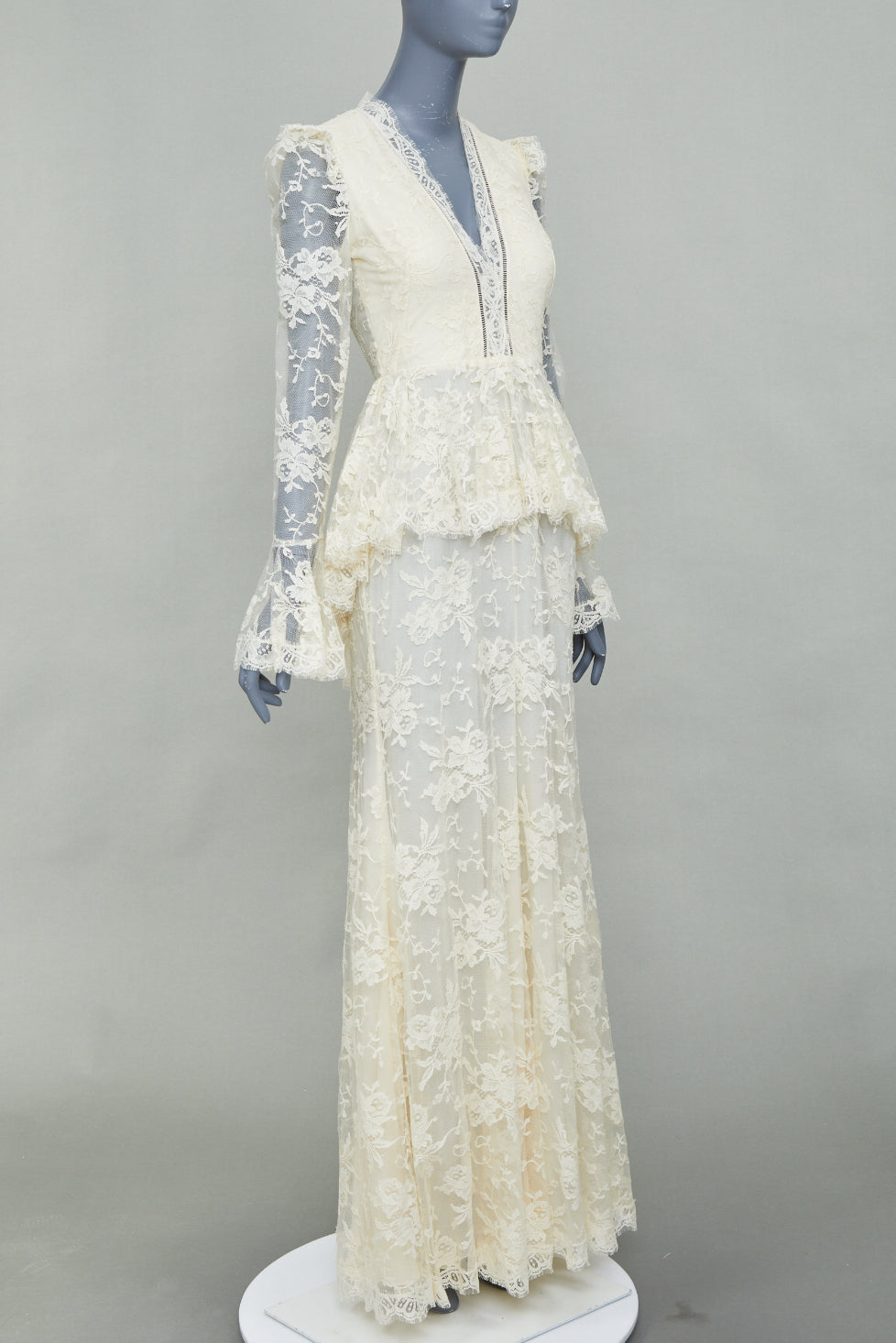 rare ALEXANDER MCQUEEN 2019 Bridal ivory floral lace peplum maxi gown IT40 S