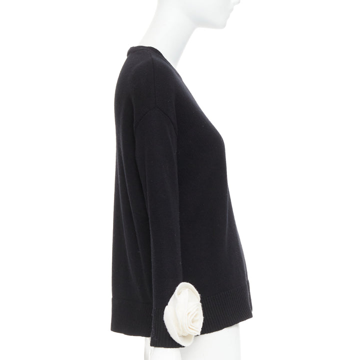 VALENTINO 2024 black virgin wool cream 3D Flower cuff crew neck sweater XS