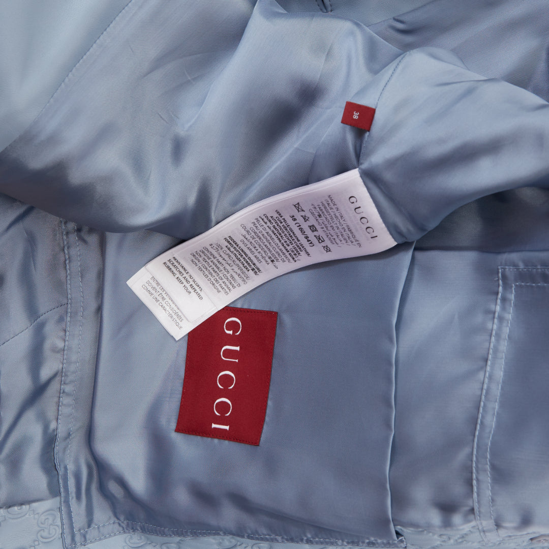 GUCCI 2024 Runway All Over Embossed GG Button Split Back blue leather coat IT38