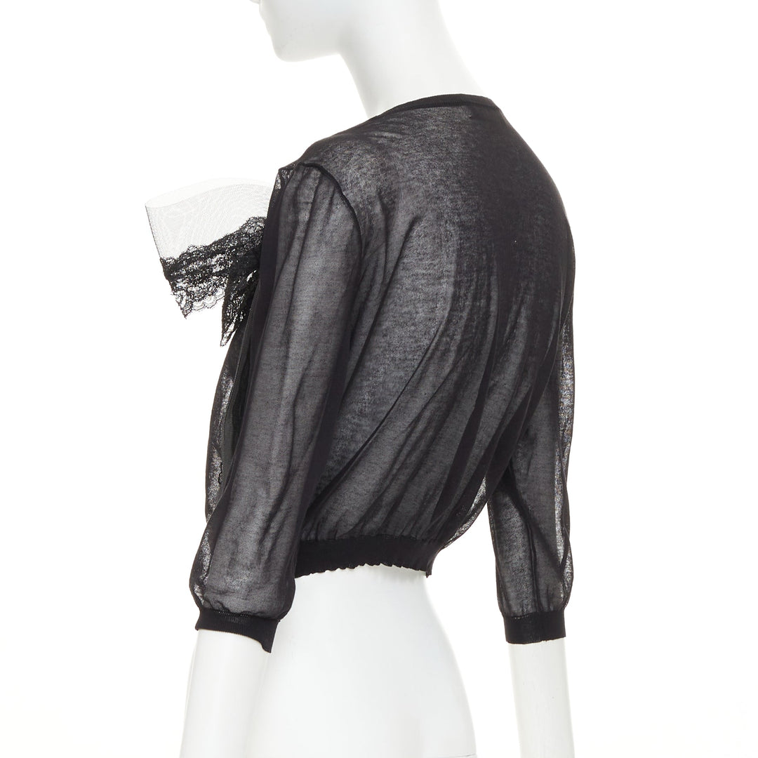 VALENTINO black cotton blend sheer knit oversized lace bow crop cardigan M