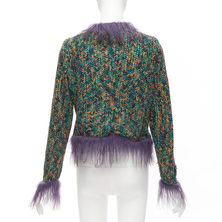 rare EMANUEL UNGARO purple faux fur trim green speckled tweed cro jacket IT38 XS