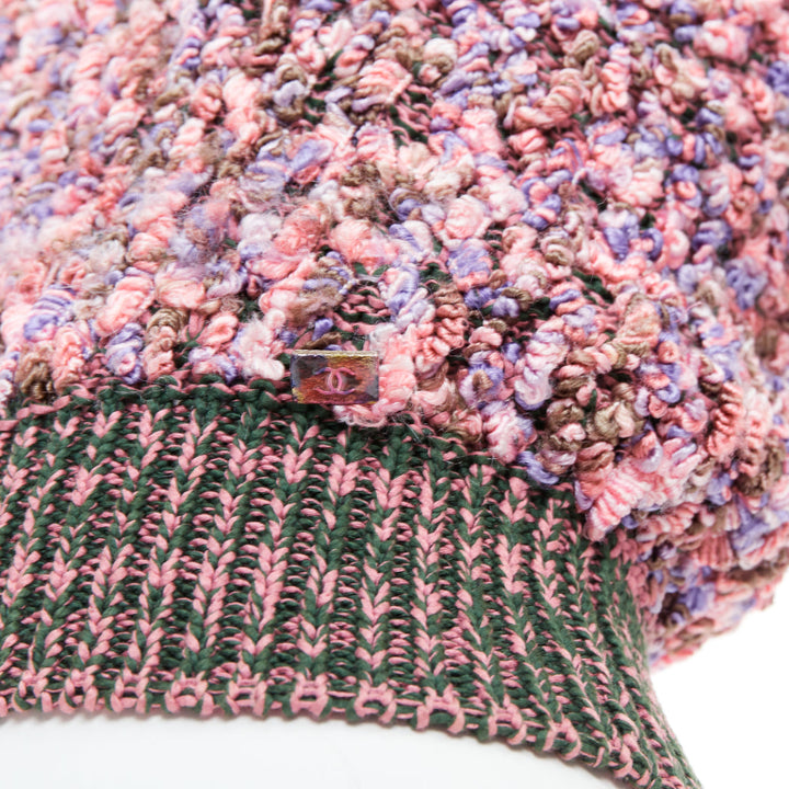 CHANEL 2015 pink green textured boucle knit CC resin crop sweater FR34 XS