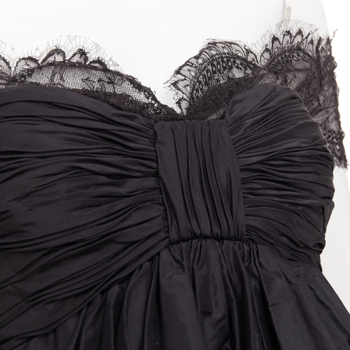 OSCAR DE LA RENTA Vintage black lace trim ruched bow cocktail bubble dress US2 S