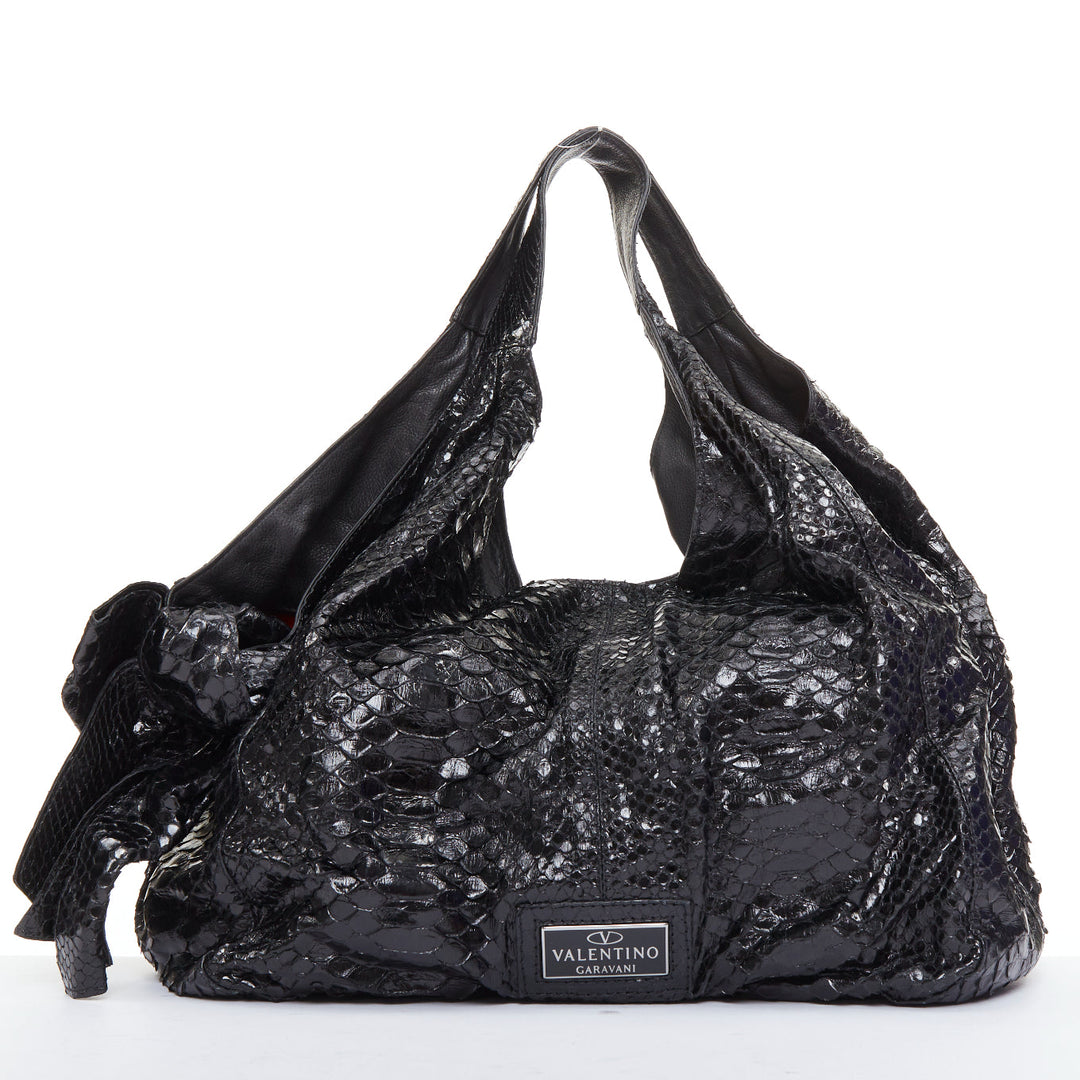 VALENTINO black shiny snakeskin leather bow side shoulder hobo bag