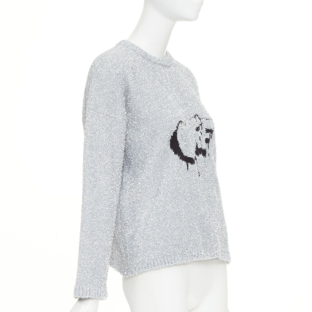 OFF WHITE Virgil Abloh 2019 silver lurex OFF graffiti graphic sweater IT38 XS