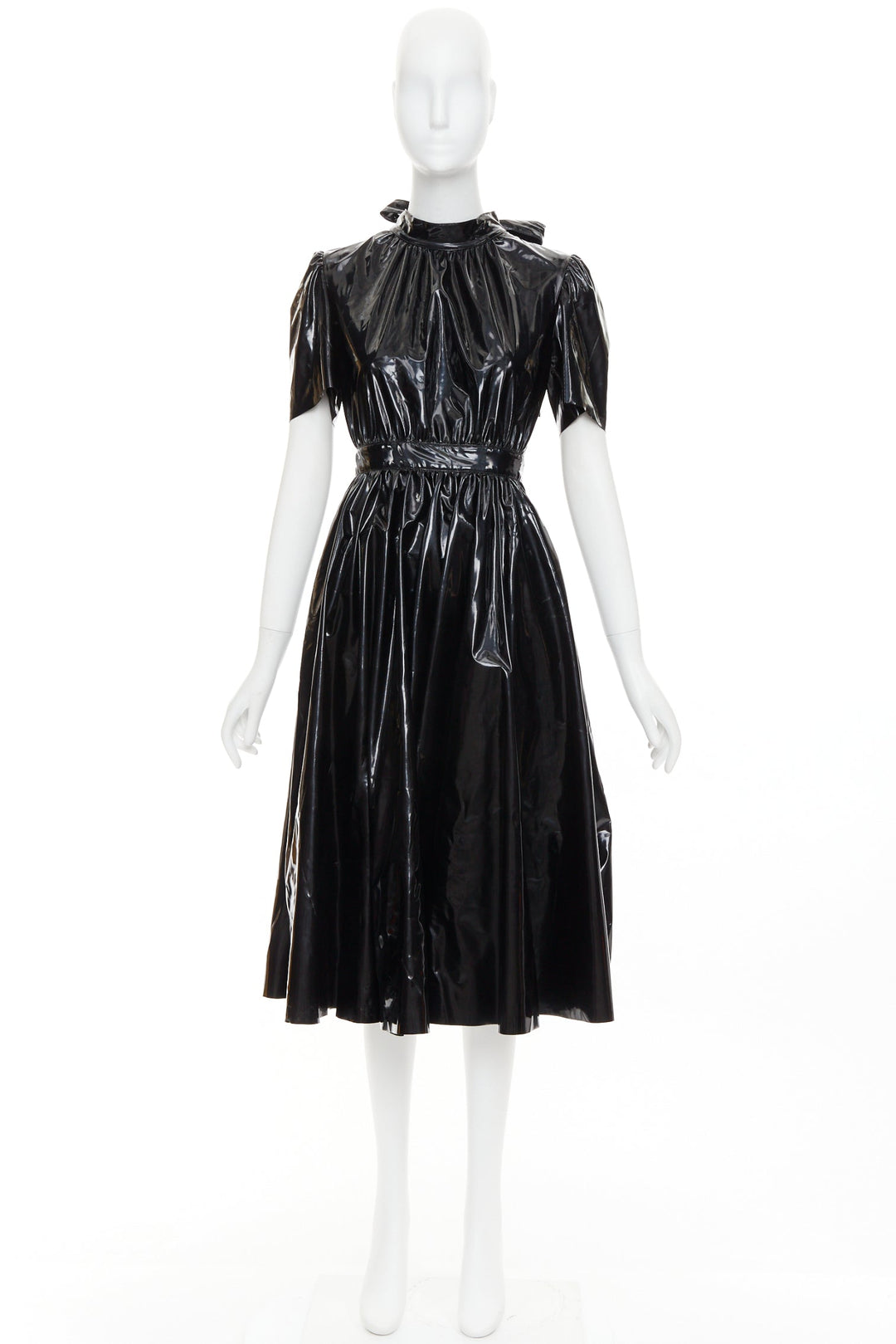 MSGM Vinyl Midi Nero black PVC short sleeve back bow tie midi dress IT38 XS