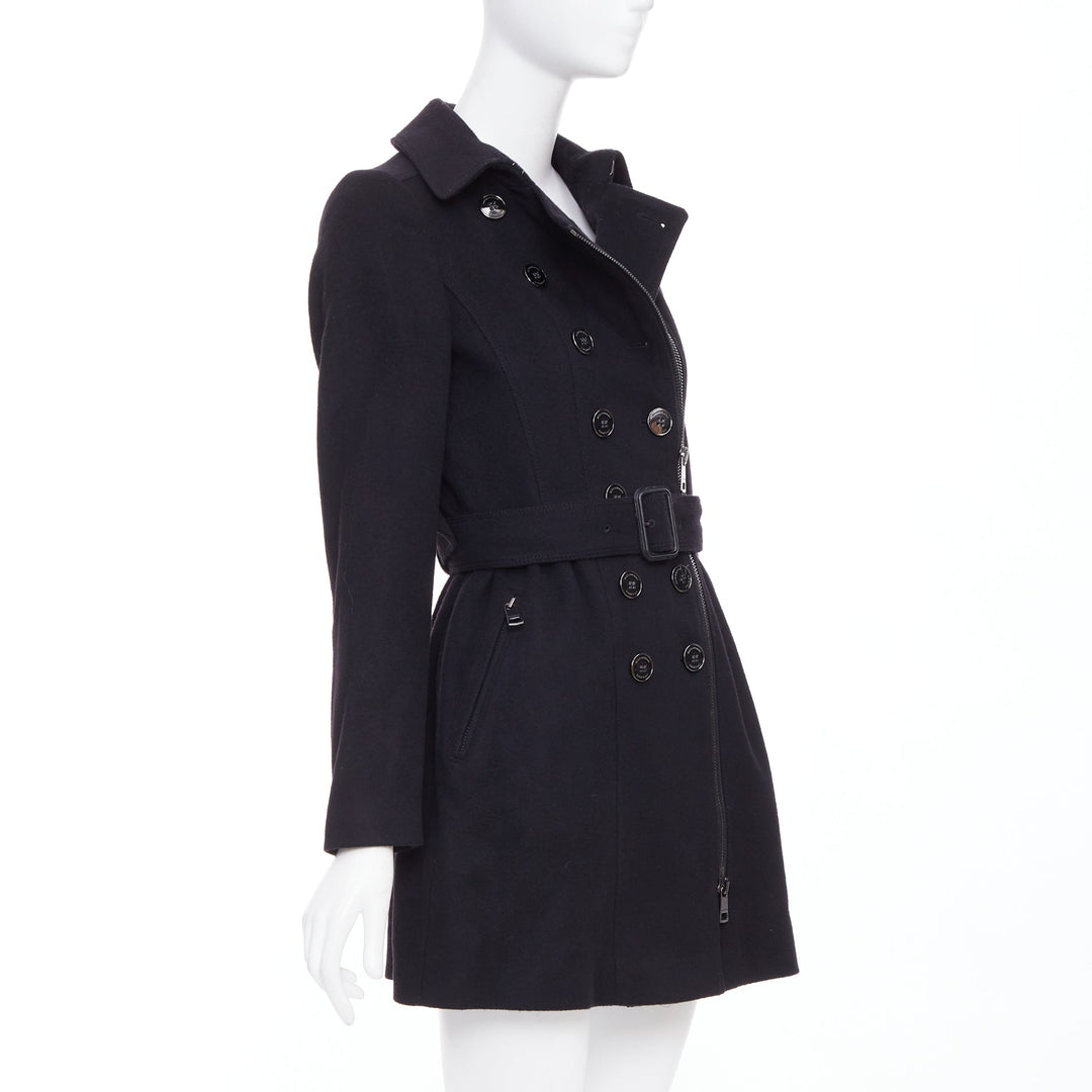 BURBERRY black virgin wool cashmere asymmetric zip belted trench coat UK4 XXS