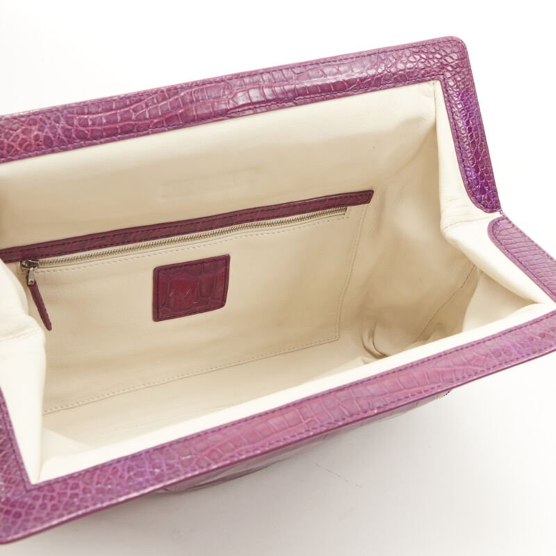 Purple scaled leather angular frame pouch clutch bag