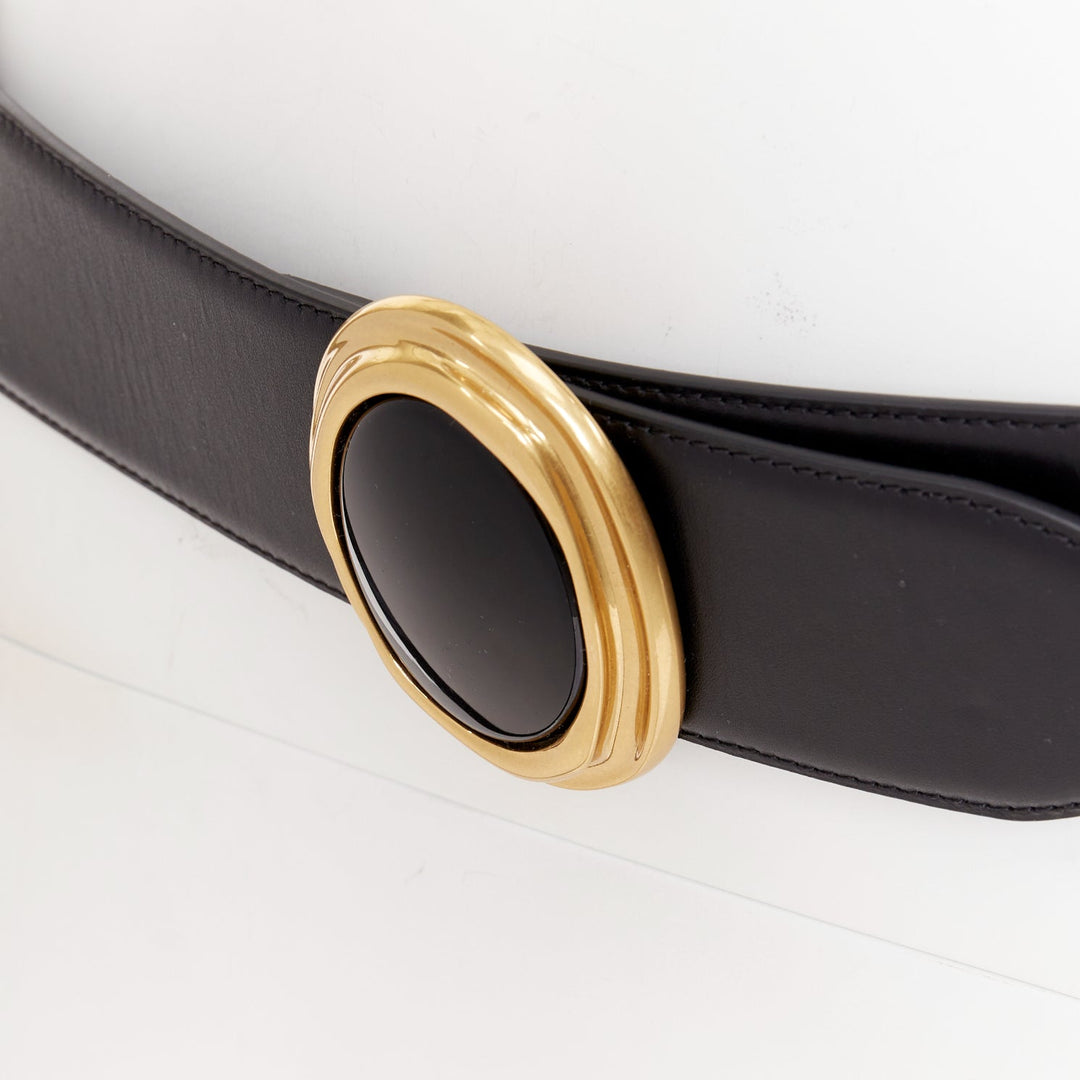 SAINT LAURENT 2021 Cabochon Wide Belt gold oval buckle  black leather belt 65cm